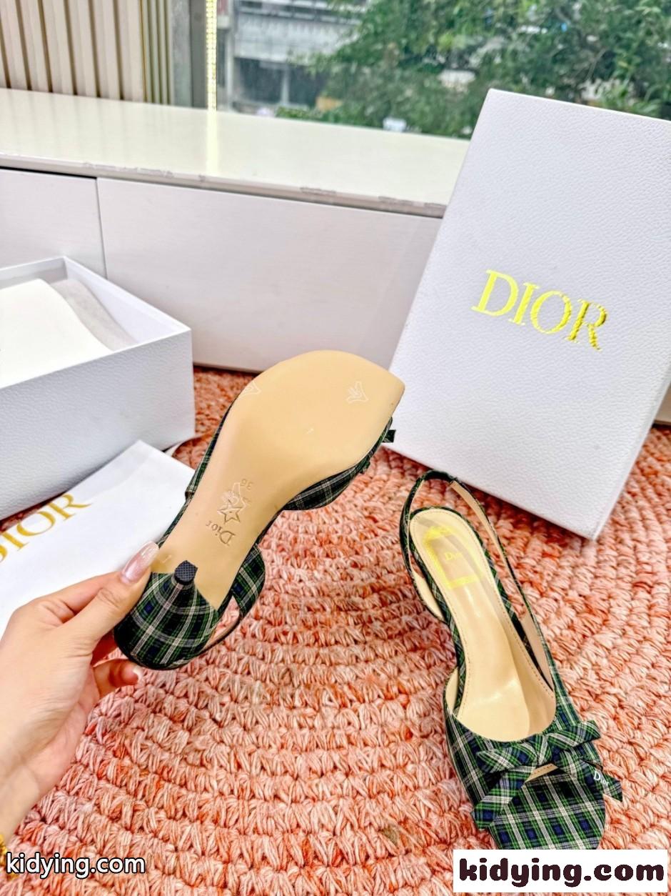 クリスチャン・ディオール コピー チェック柄 Dior Bow ヒール スリングバックサンダル-5