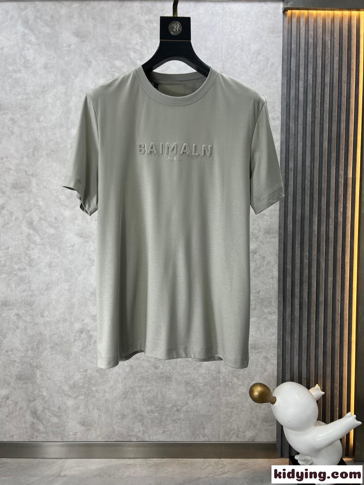 シンプル ロゴ入り バルマン Tシャツ コピー クルーネック 半袖Tシャツ グレー-1