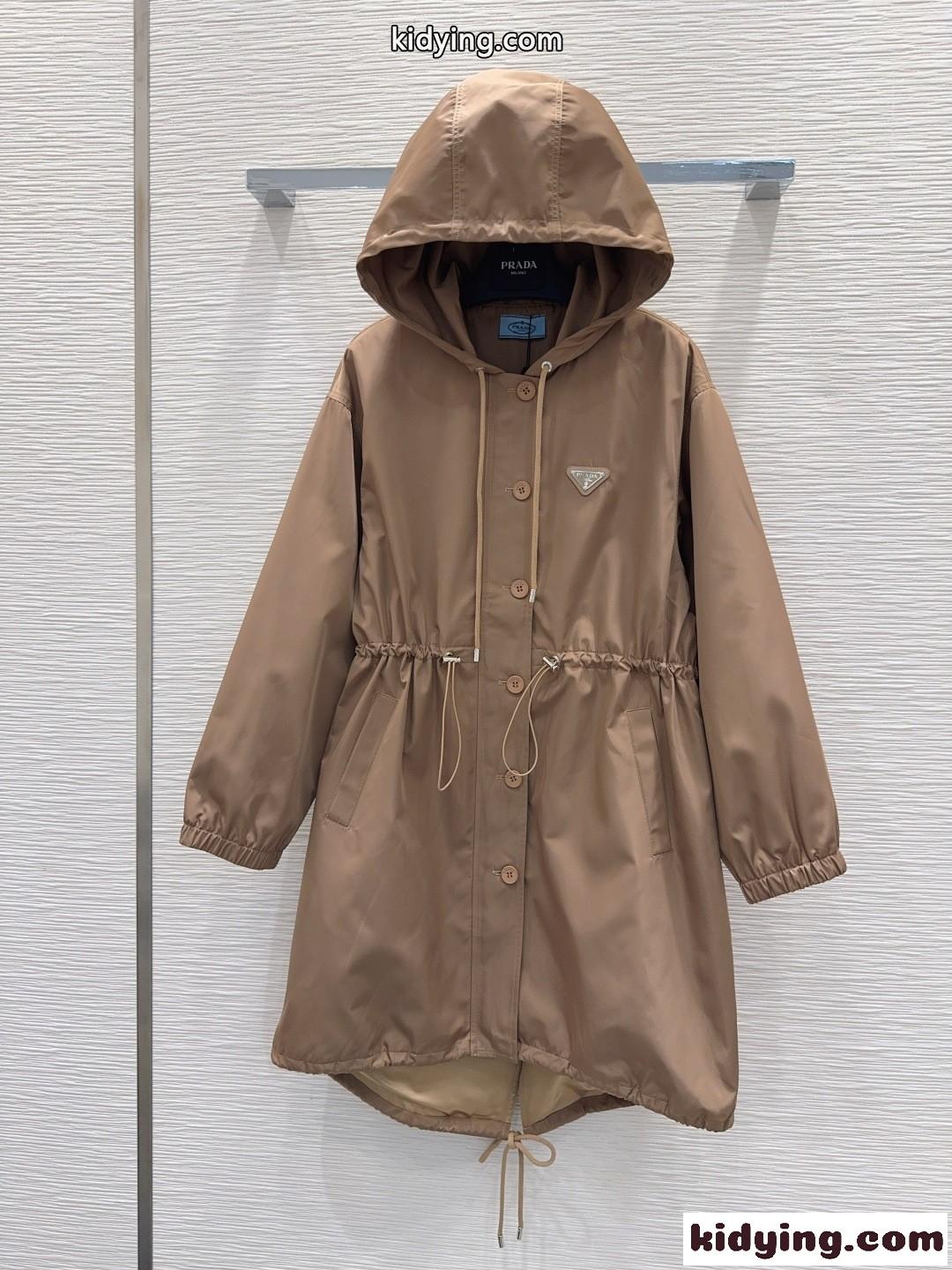 カジュアル フード付き ロングコート プラダ ジャケット 偽物 アウター ブラウン-0