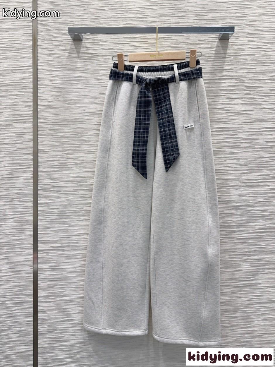 チェックベルト付き スウェットパンツ ミュウミュウ パンツ 偽物 グレー-1