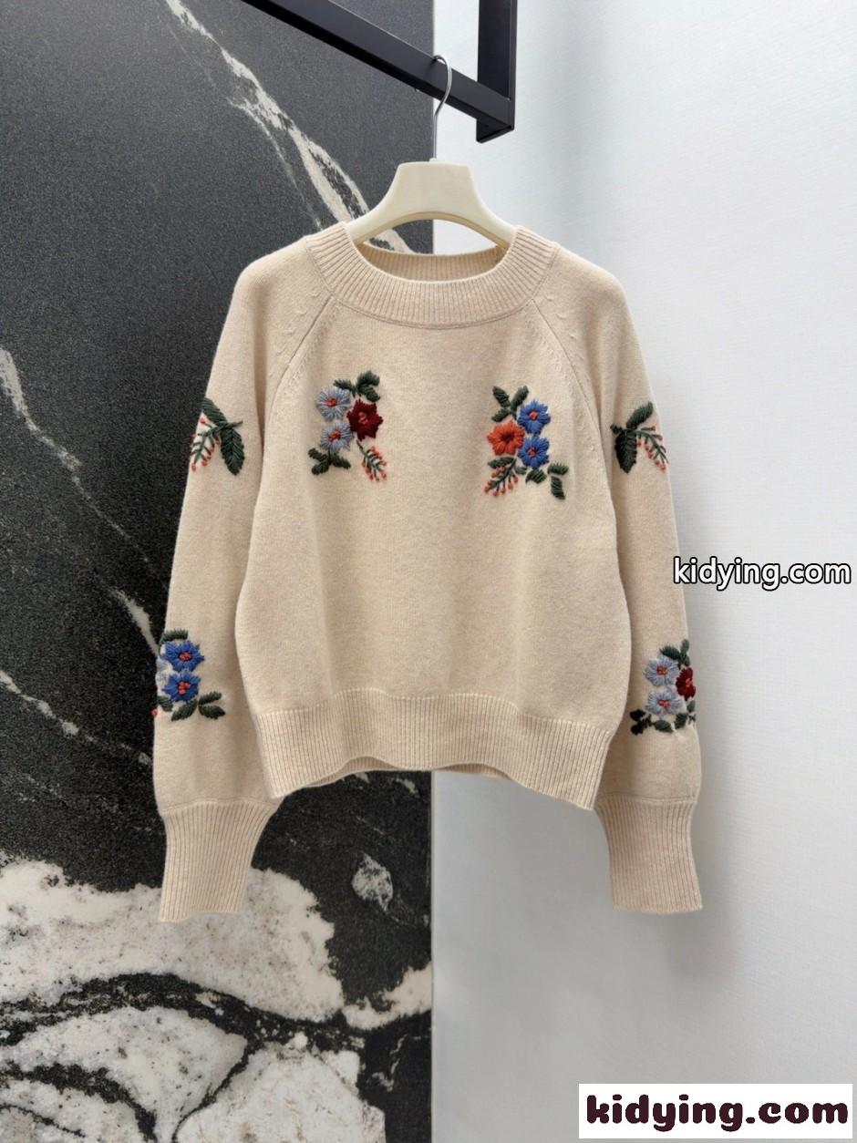 フラワー刺繍 クルーネック プルオーバー グッチ セーター コピー ベージュ-1
