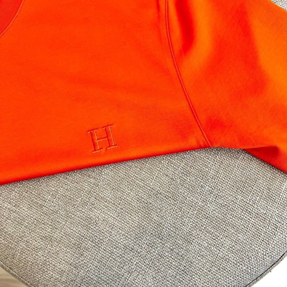 シンプル ロゴ刺繍 クルーネック 半袖Tシャツ エルメス Tシャツ 偽物 オレンジ-2