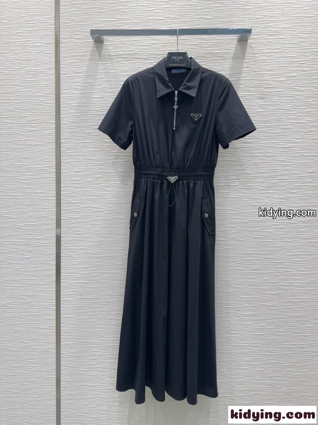 プラダ ワンピース 偽物 上品 カジュアル ハーフジップ 半袖ドレス ブラック-1