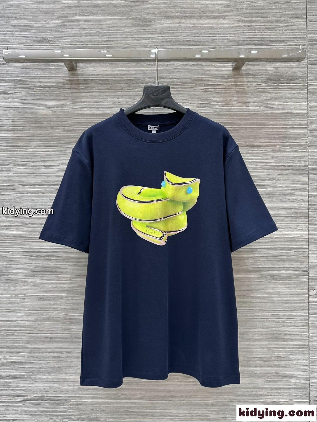 シンプル スネークプリント クルーネック 半袖Tシャツ ロエベ Tシャツ コピー ネイビー-2