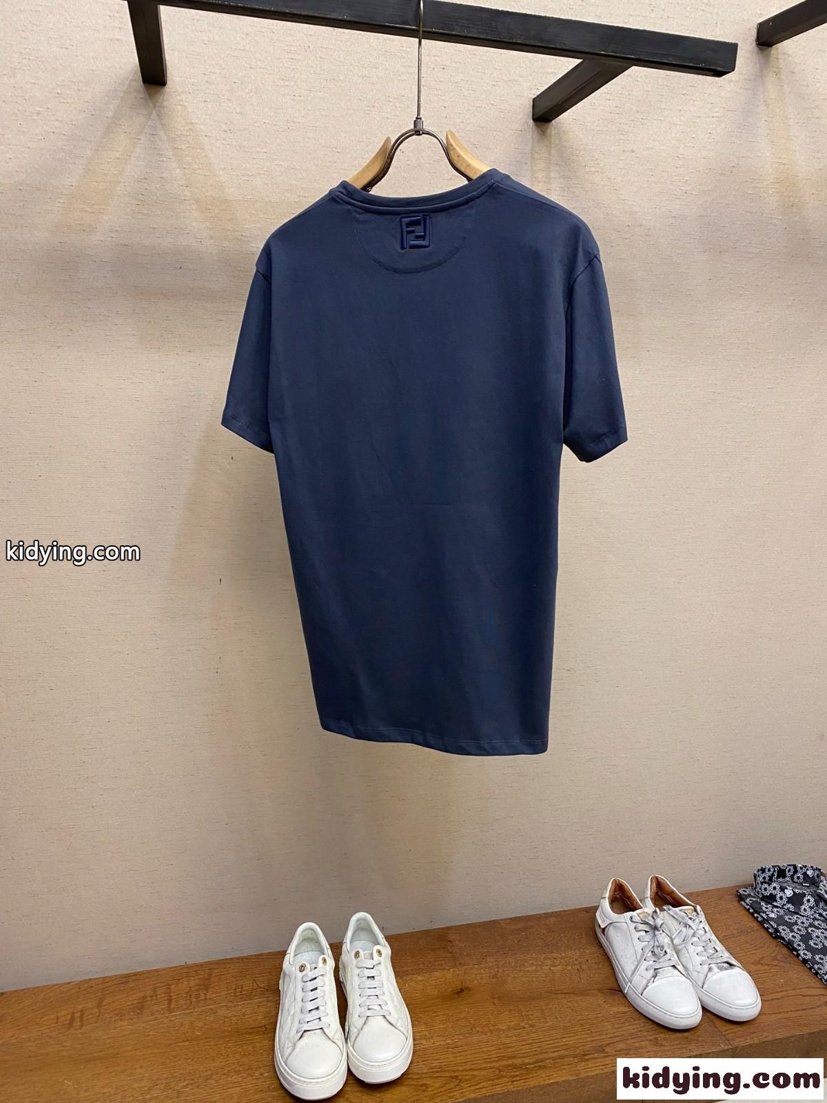 シンプル ロゴ刺繍 フェンディ Tシャツ コピー コットン クルーネック ネイビー-1