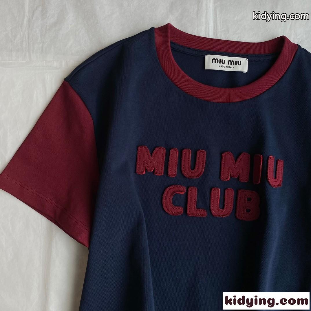 刺繍ロゴ入り ジャージー 半袖Tシャツ ミュウミュウ Tシャツ コピー クロップド丈-0