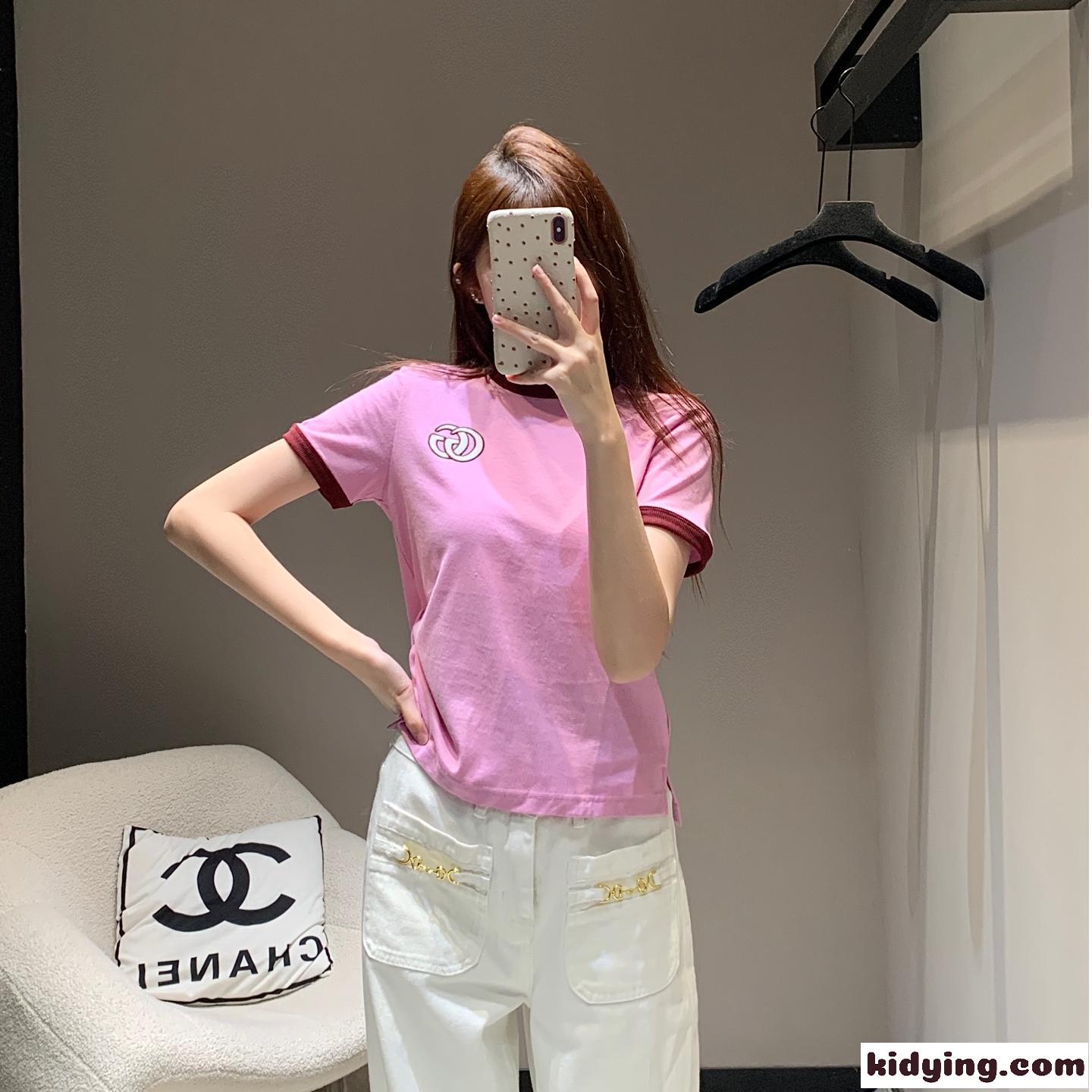 カジュアル 合わせやすい クルーネック 半袖Tシャツ グッチ Tシャツ コピー ピンク-0