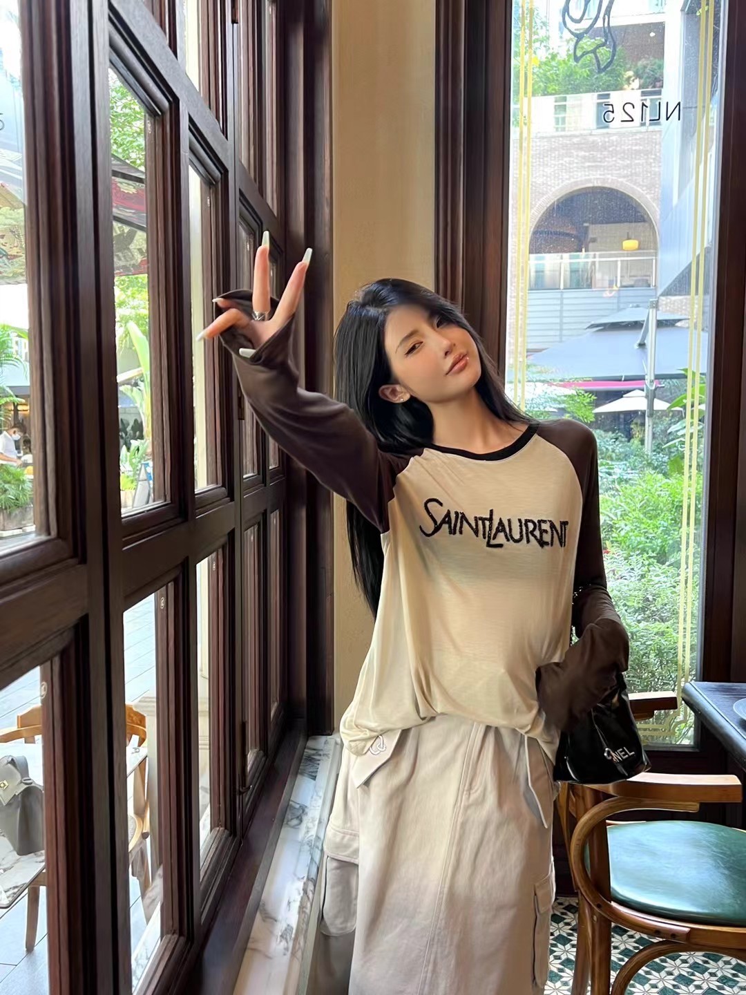イヴ・サンローラン Tシャツ 偽物 カジュアル 配色 ラグランスリーブ 長袖Tシャツ-3