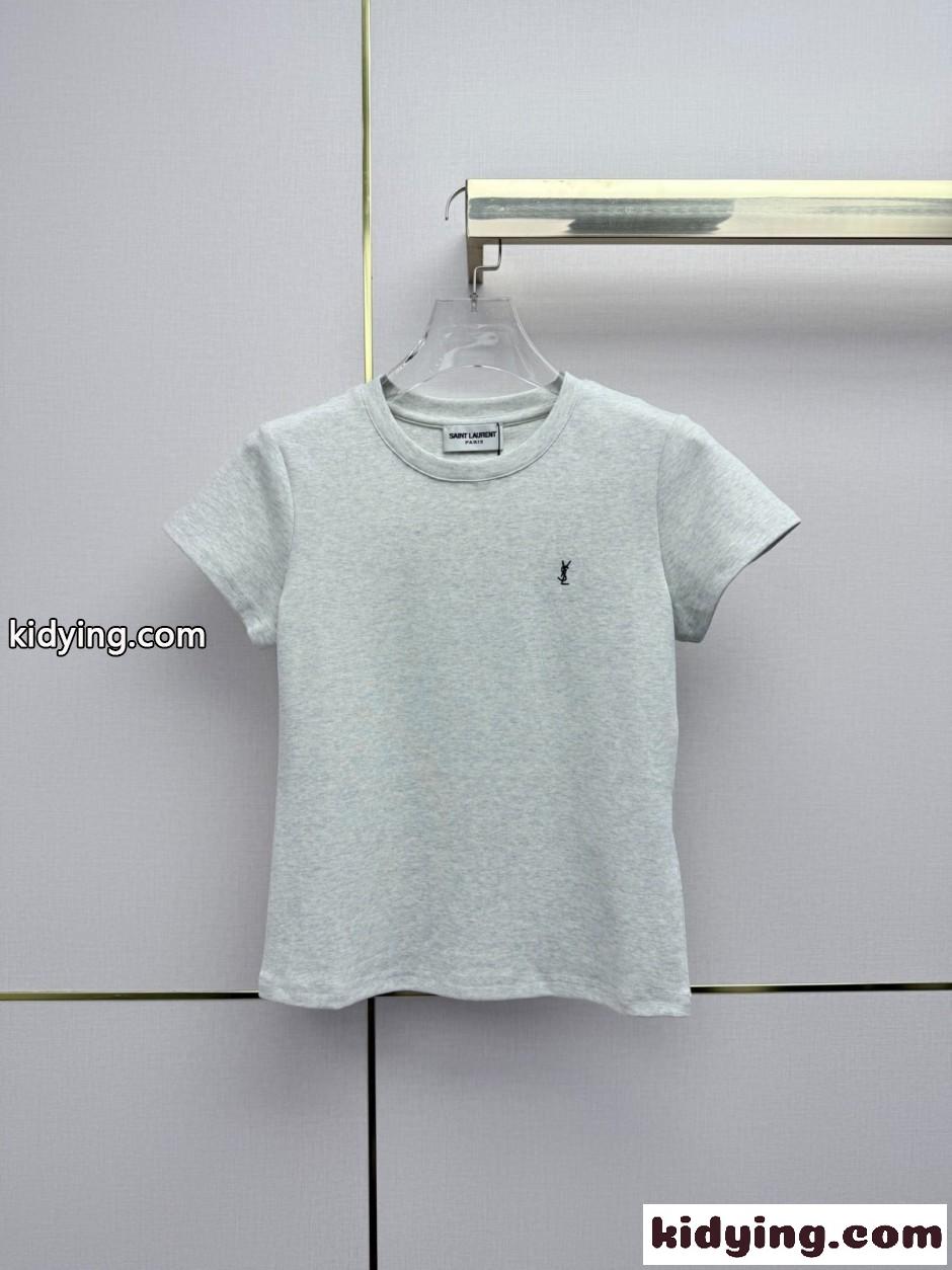 シンプル YSLロゴ 半袖Tシャツ イヴ・サンローラン Tシャツ コピー ライトグレー-0