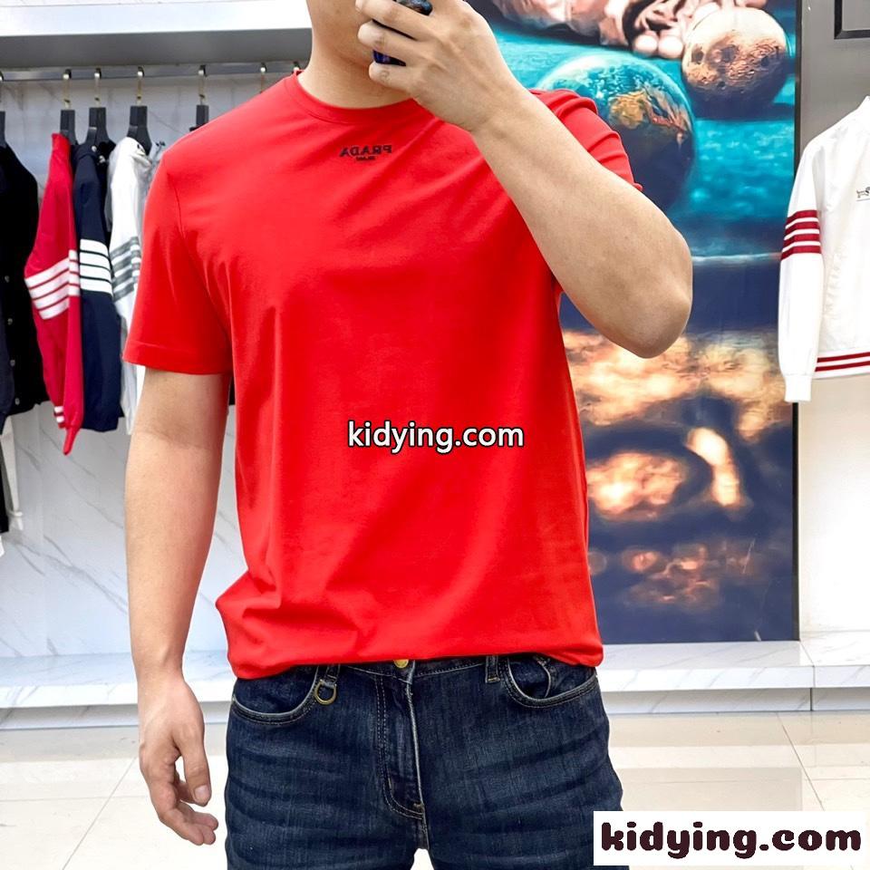 シンプル ロゴ クルーネック 半袖Tシャツ プラダ Tシャツ コピー レッド-1