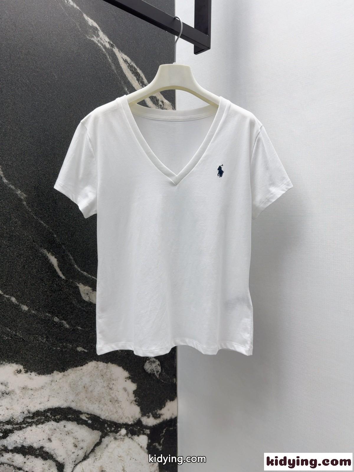 シンプル ロゴ刺繍 Vネック 半袖Tシャツ ラルフローレン Tシャツ コピー ホワイト-2