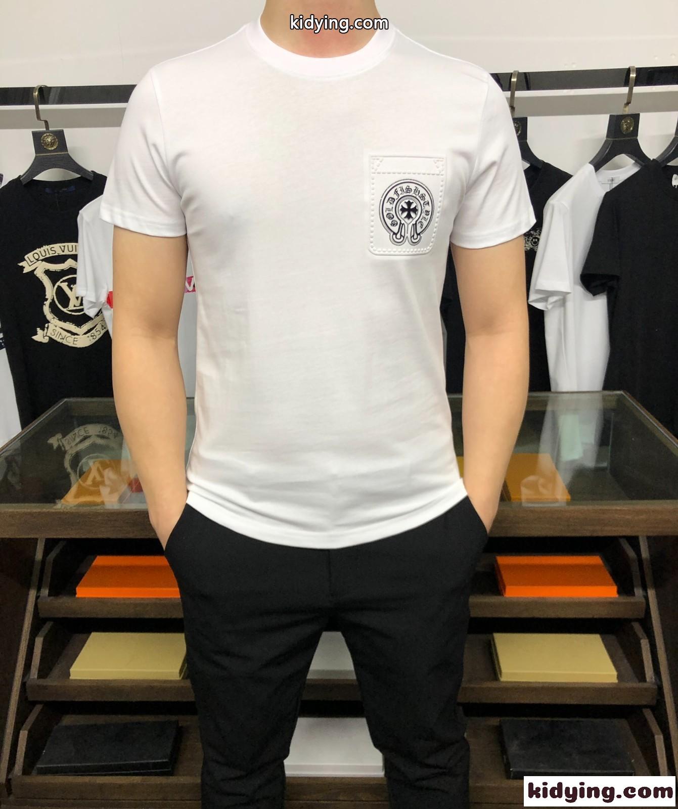 カジュアル おしゃれ 柔らかい 高品質 着心地いい クールネック 半袖 メンズ クロムハーツ tシャツ コピー ホワイト ブラック-1