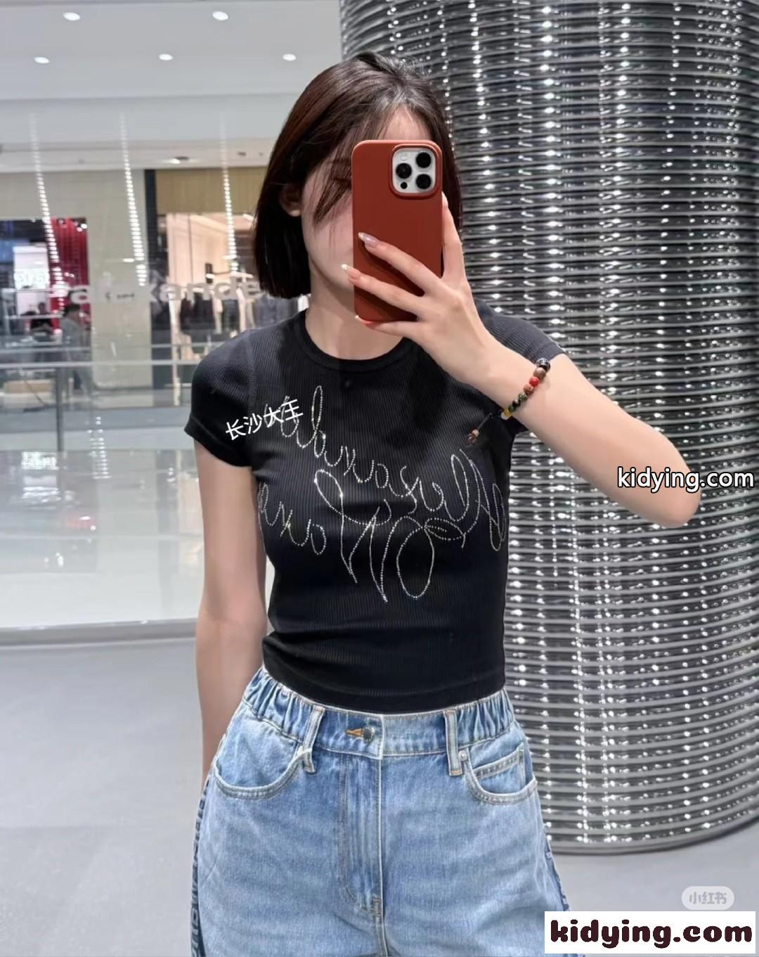 ラインストーンロゴ コンパクト 半袖Tシャツ アレキサンダーワング Tシャツ コピー ブラック-4