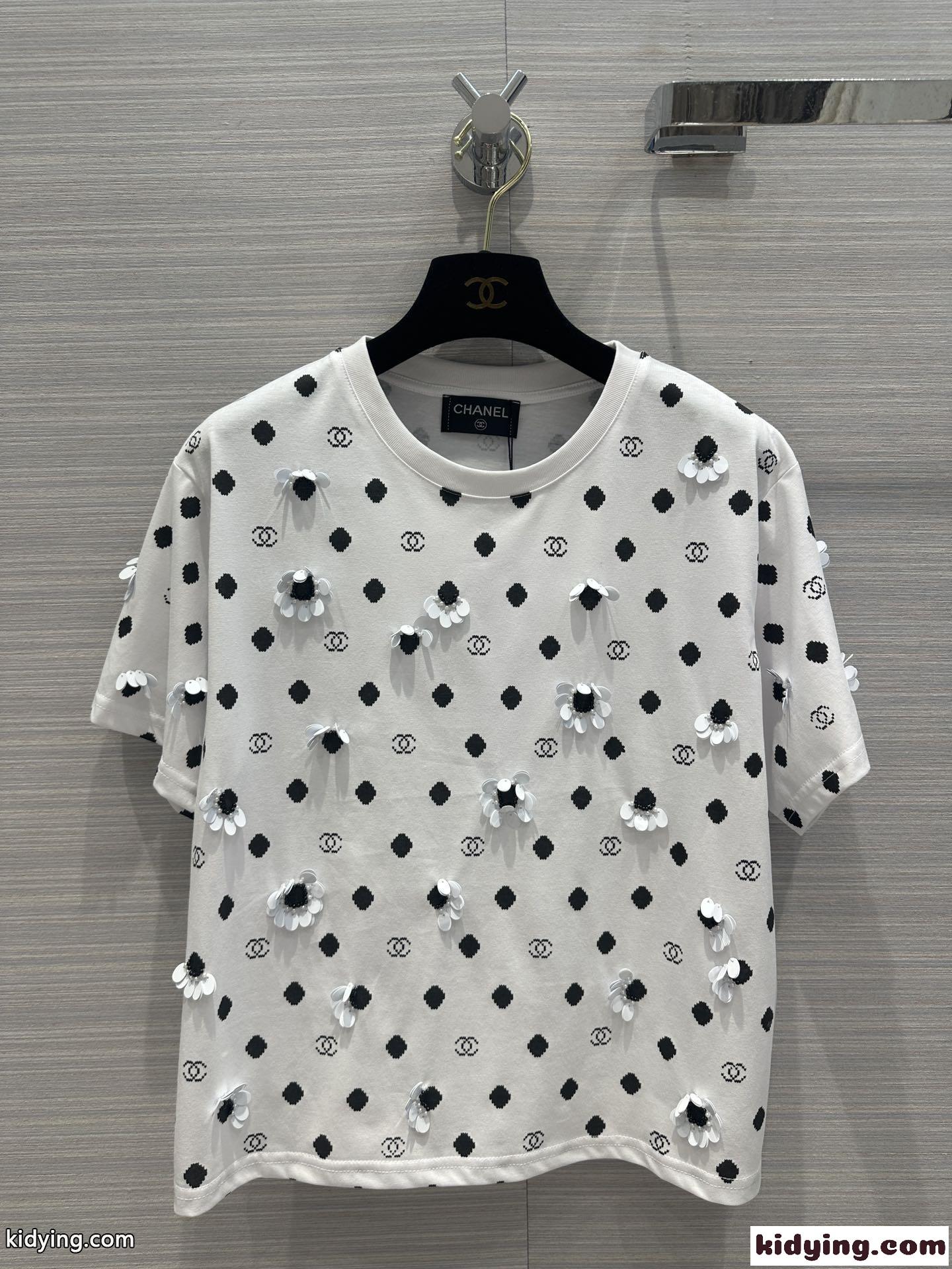 可愛い フラワー ロゴ クルーネック コットン シャネル Tシャツ コピー 半袖Tシャツ ホワイト-2