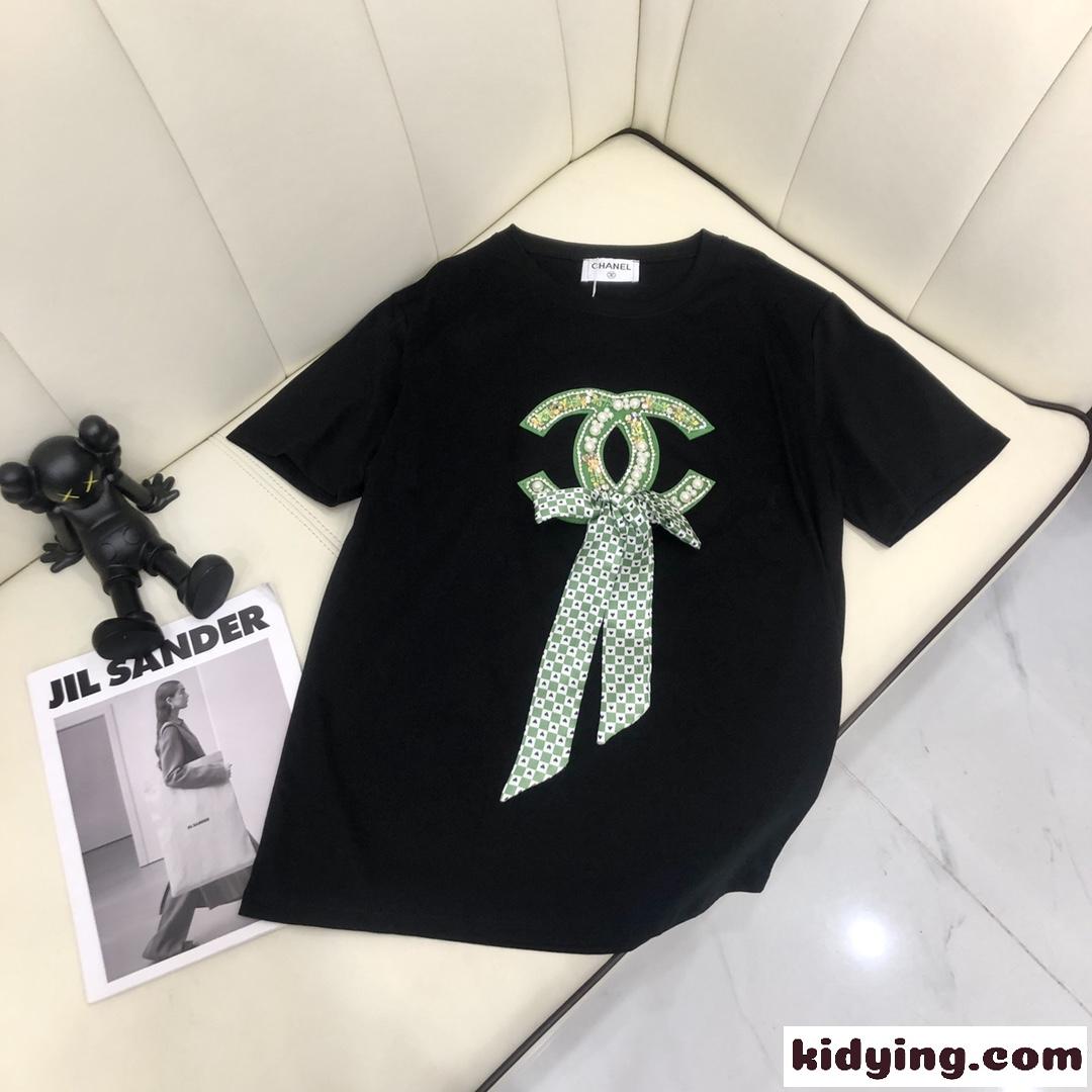 シャネル tシャツ コピー 半袖 トップス レディース 可愛い ロゴ リボン クールネック カジュアル 可愛い 春夏 定番-0