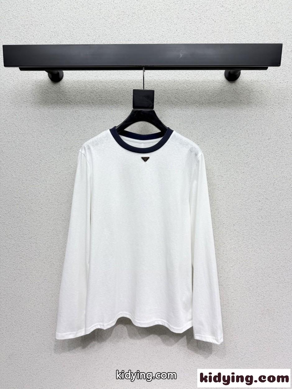 シンプル カジュアル コットン 長袖Tシャツ プラダ Tシャツ コピー クルーネック-0