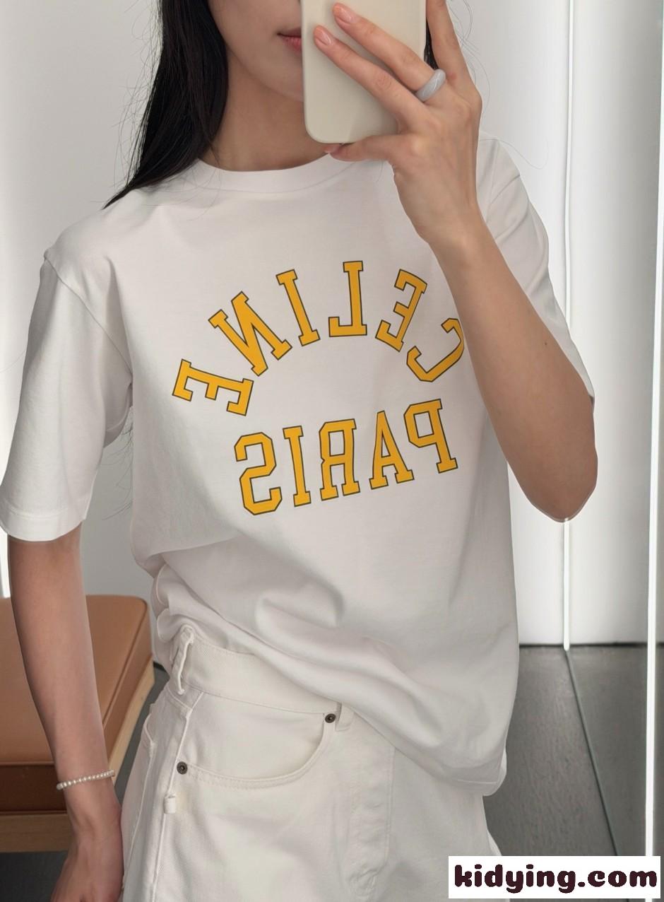 カジュアル 洗練された ロゴ入り コットン セリーヌ Tシャツ 偽物 半袖Tシャツ ホワイト-4