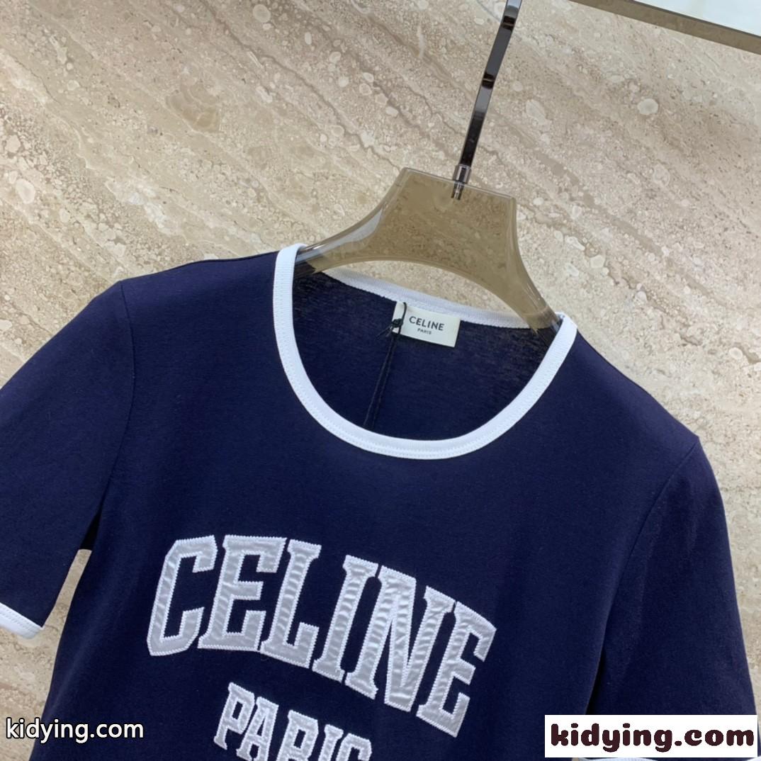 人気 定番 ロゴ クルーネック 半袖Tシャツ セリーヌ Tシャツ コピー ネイビー-0