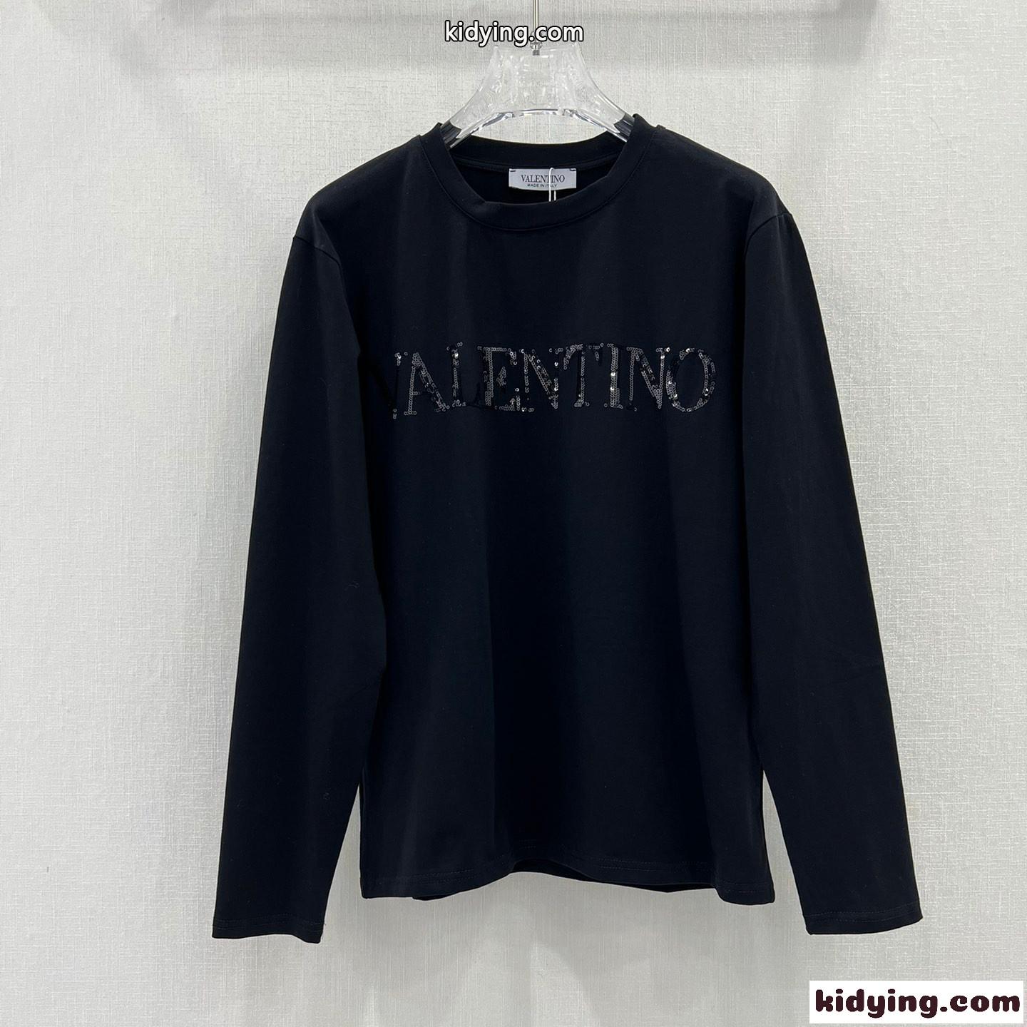 シンプル スパンコールロゴ クルーネック ヴァレンティノ Tシャツ コピー ブラック-0