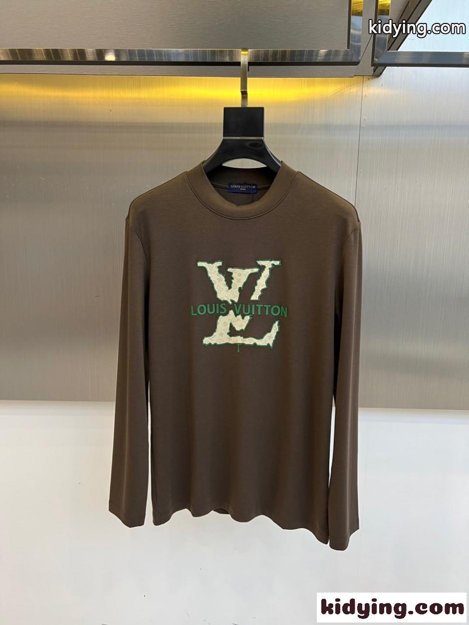 おしゃれ ロゴ入り クルーネック 長袖Tシャツ ルイ・ヴィトン Tシャツ 偽物 ブラウン-1