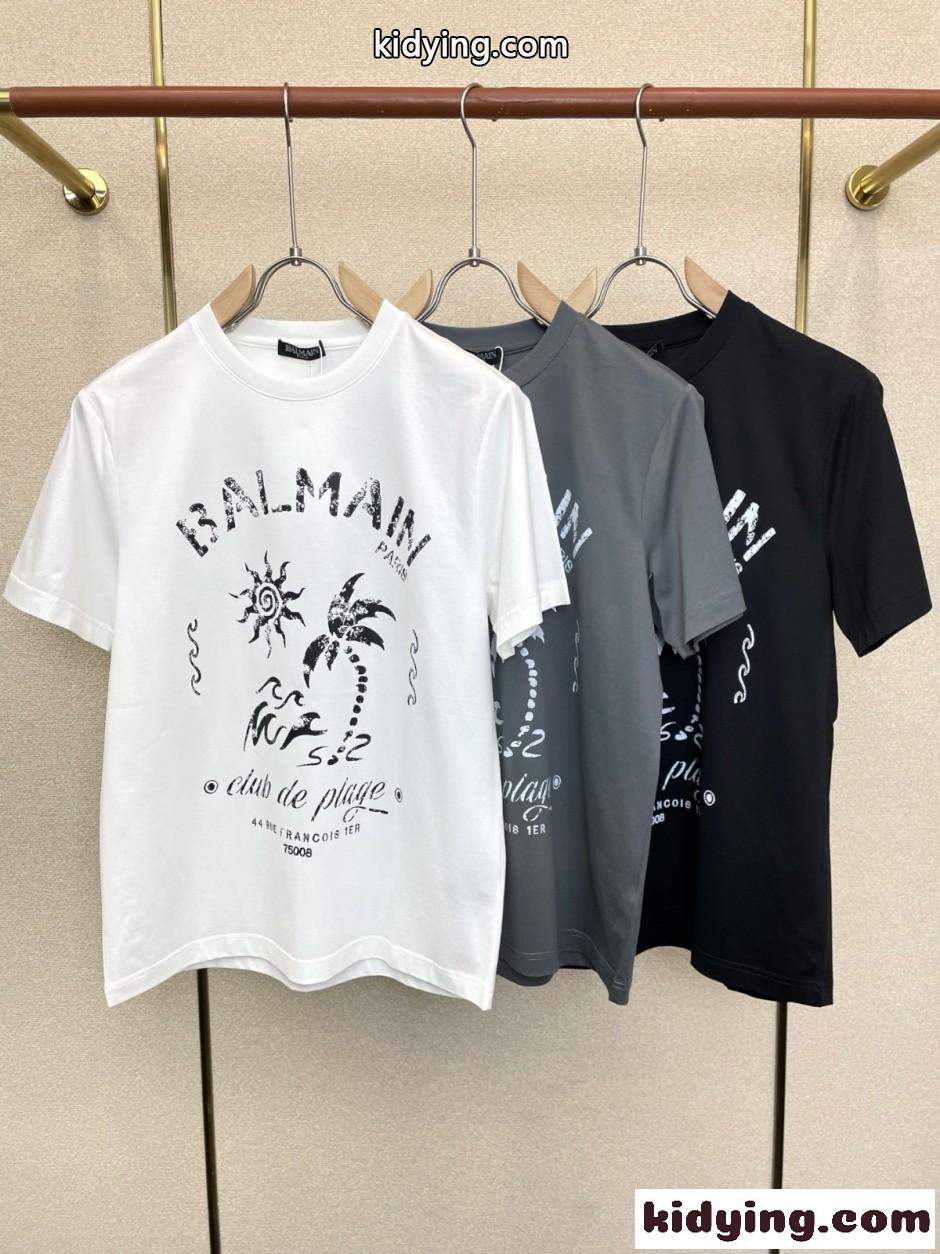 カジュアル おしゃれ ロゴプリント 半袖Tシャツ バルマン Tシャツ 偽物 クルーネック-0