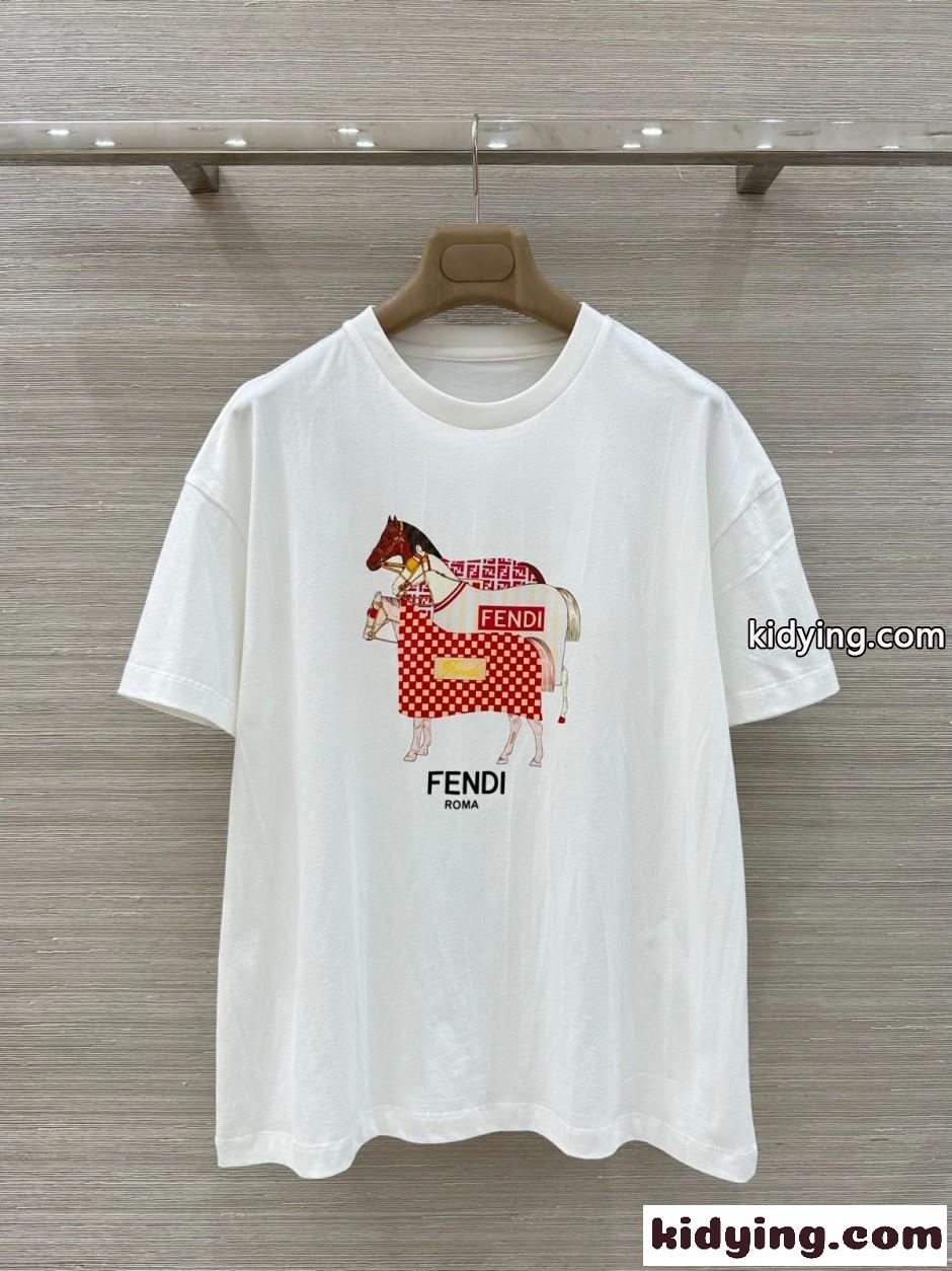 定番 コットン プリント 半袖Tシャツ フェンディ Tシャツ 偽物 ホワイト-2