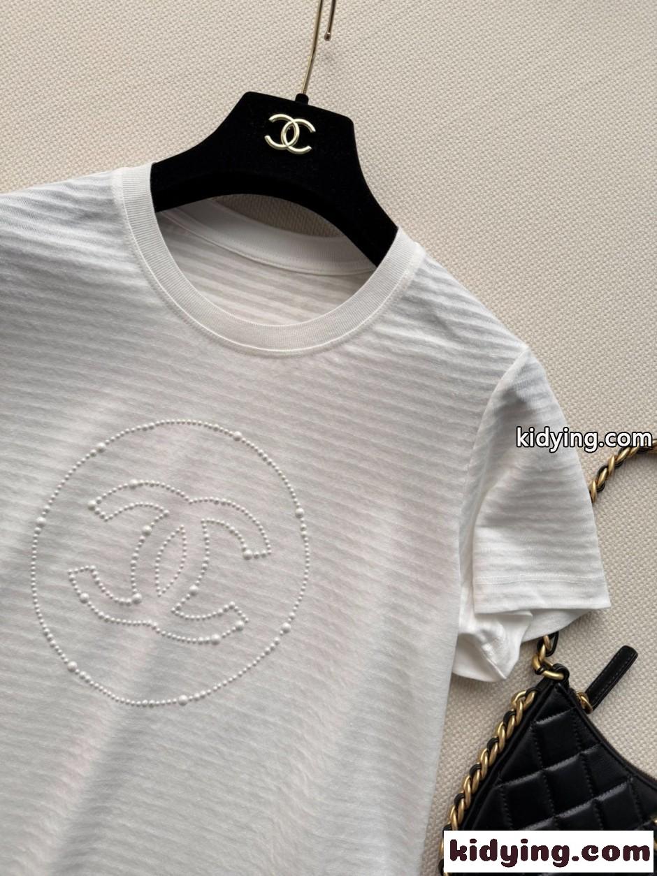 ボーダー柄 ロゴ クルーネック 半袖Tシャツ シャネル Tシャツ コピー ホワイト-2