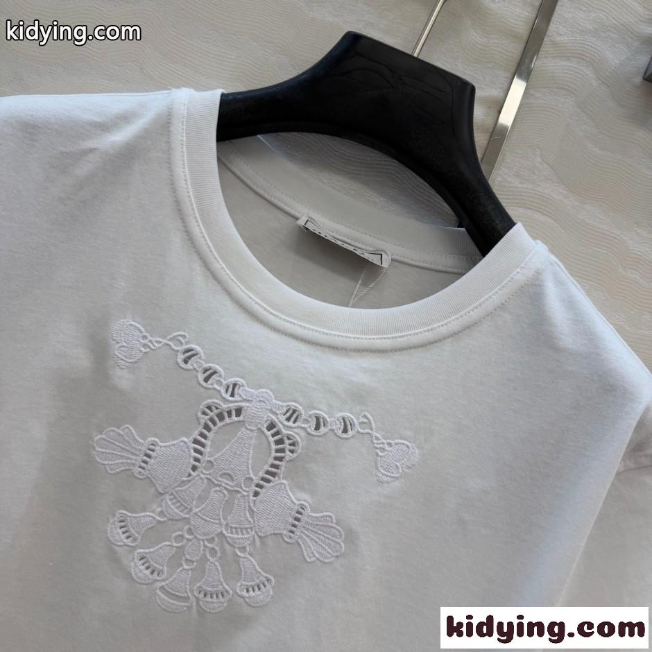 刺繍入り コットン 半袖Tシャツ エルメス Tシャツ コピー クルーネック ホワイト-2