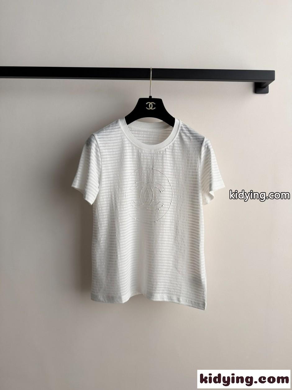 ボーダー柄 ロゴ クルーネック 半袖Tシャツ シャネル Tシャツ コピー ホワイト-0