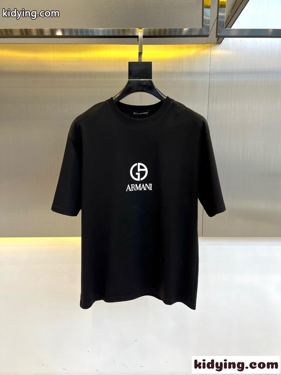 おしゃれ ロゴ クルーネック 半袖Tシャツ アルマーニ Tシャツ 偽物 ブラック-0