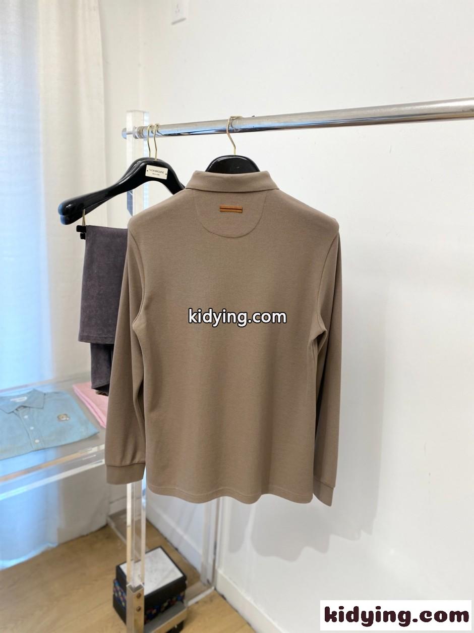 洗練された 上品 エルメネジルド・ゼニア Tシャツ 偽物 ロゴ刺繍 長袖ポロシャツ ベージュ-4