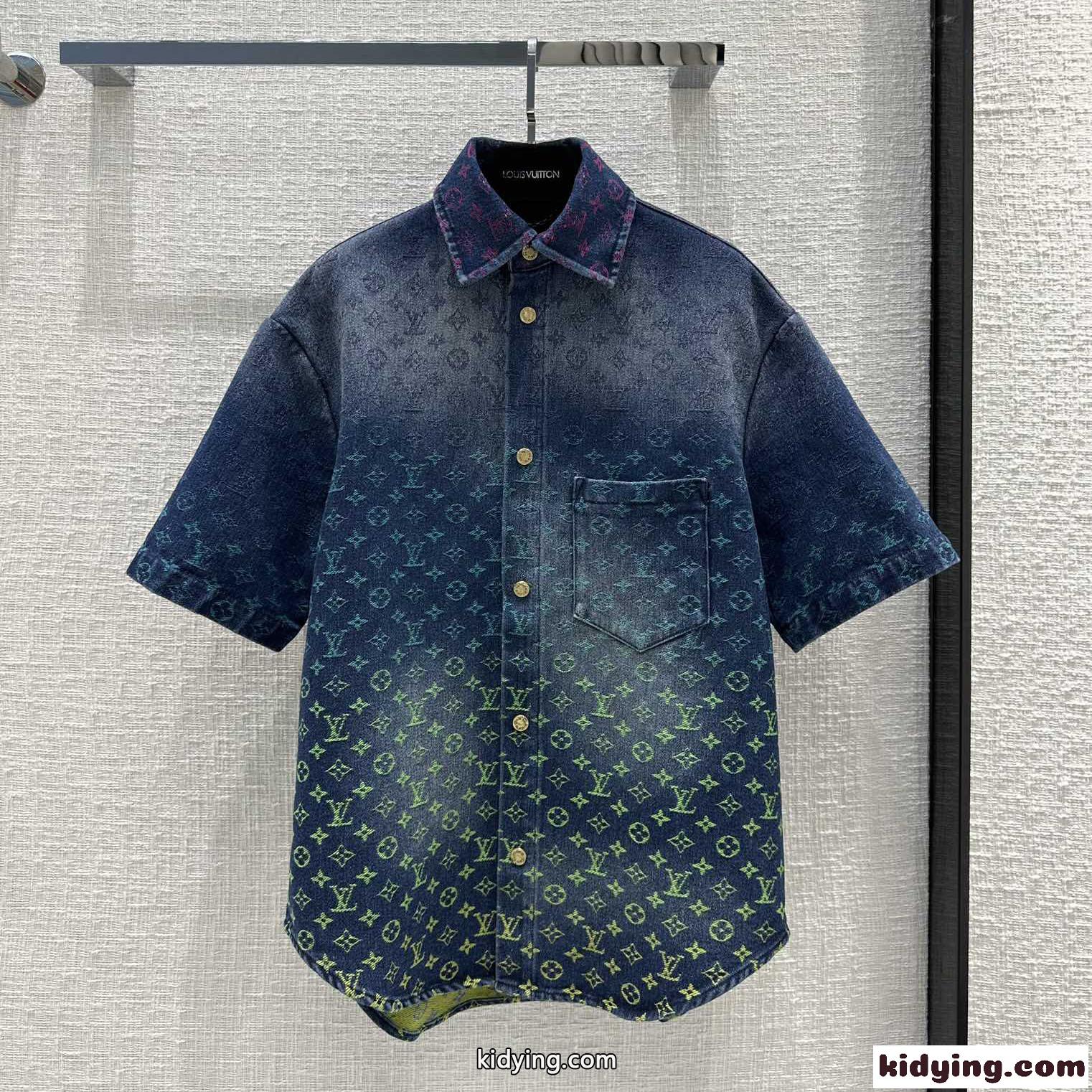 モノグラム ショートスリーブ デニムシャツ ルイヴィトン シャツ コピー お洒落 メンズ-1