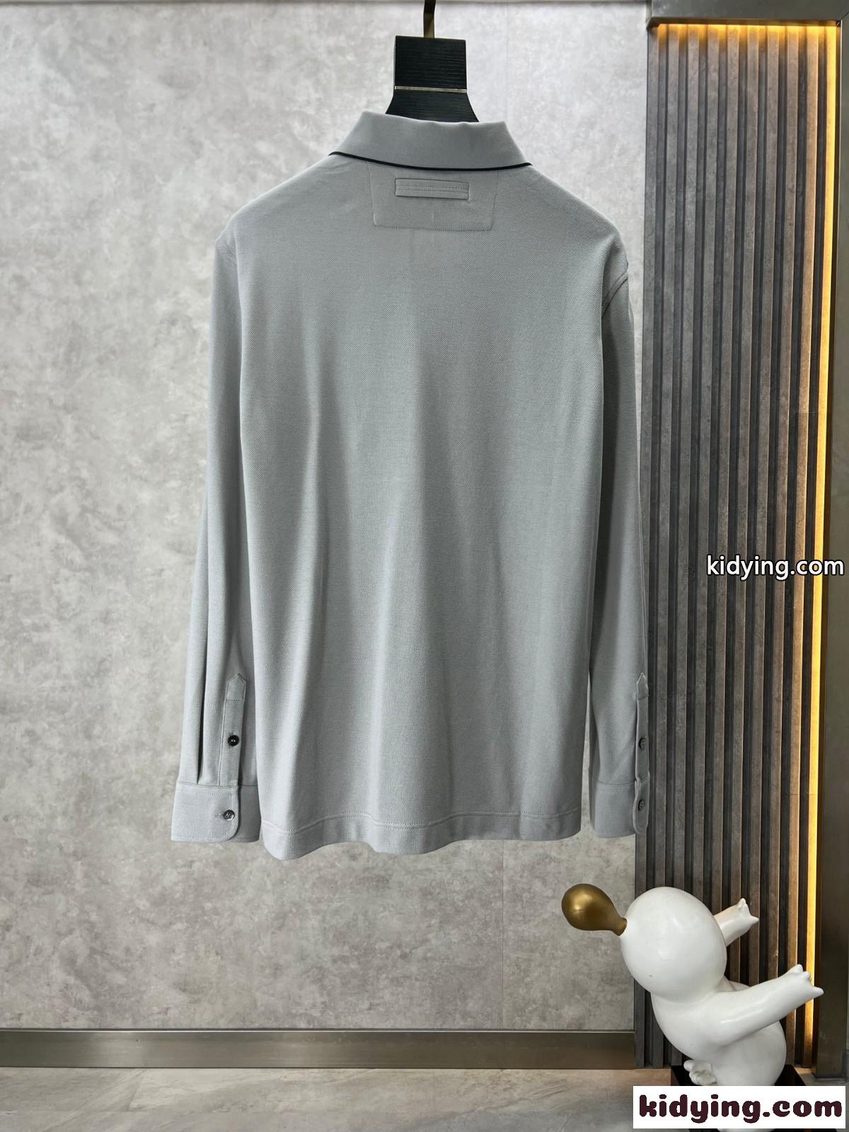 洗練された クラシック ロゴ 刺繍 エルメネジルド・ゼニア Tシャツ コピー 長袖 ポロシャツ グレー-1