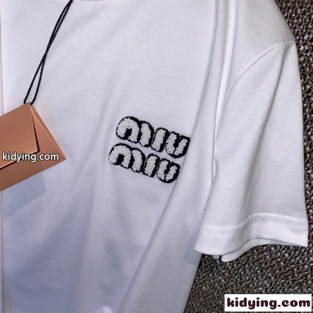 シンプル 定番 ロゴ ゆったり 合わせやすい クルーネック レディース トップス ミュウミュウ 半袖tシャツ コピー 春夏 ホワイト-0