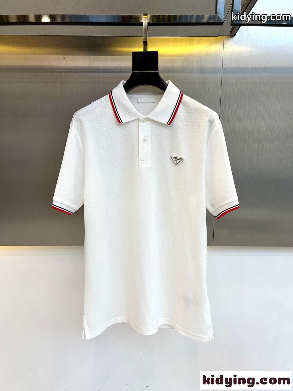 プラダ 半袖Tシャツ コピー トライアングルロゴ付 コットンピケ ポロシャツ ホワイト-0