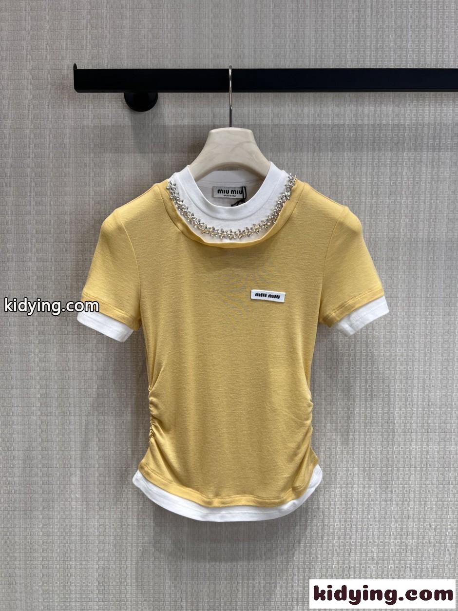 ビジューネック レイヤード風 半袖Tシャツ ミュウミュウ Tシャツ 偽物 イエロー-1
