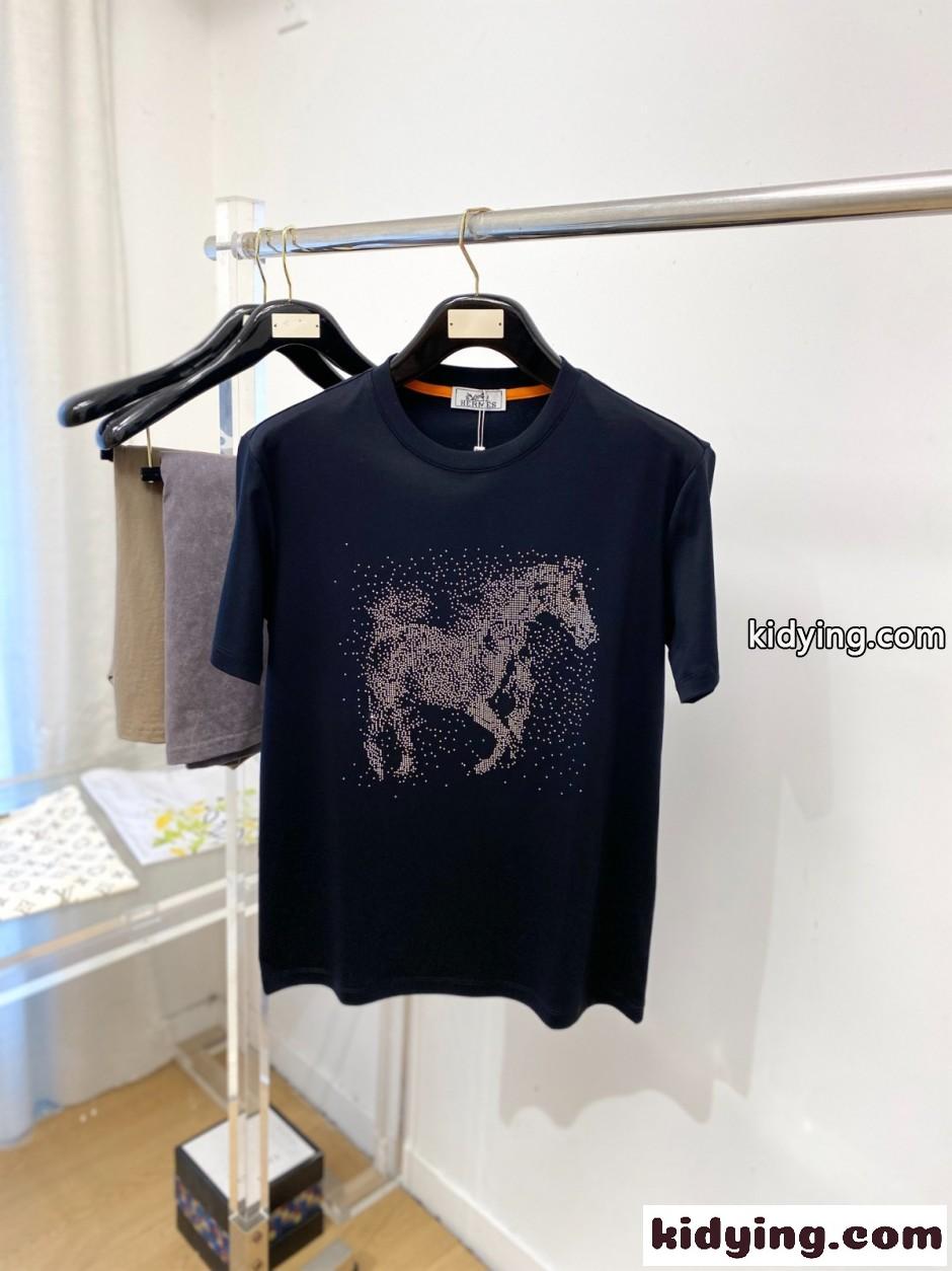 ラインストーン ホースモチーフ 半袖Tシャツ エルメス Tシャツ 偽物 ブラック-0