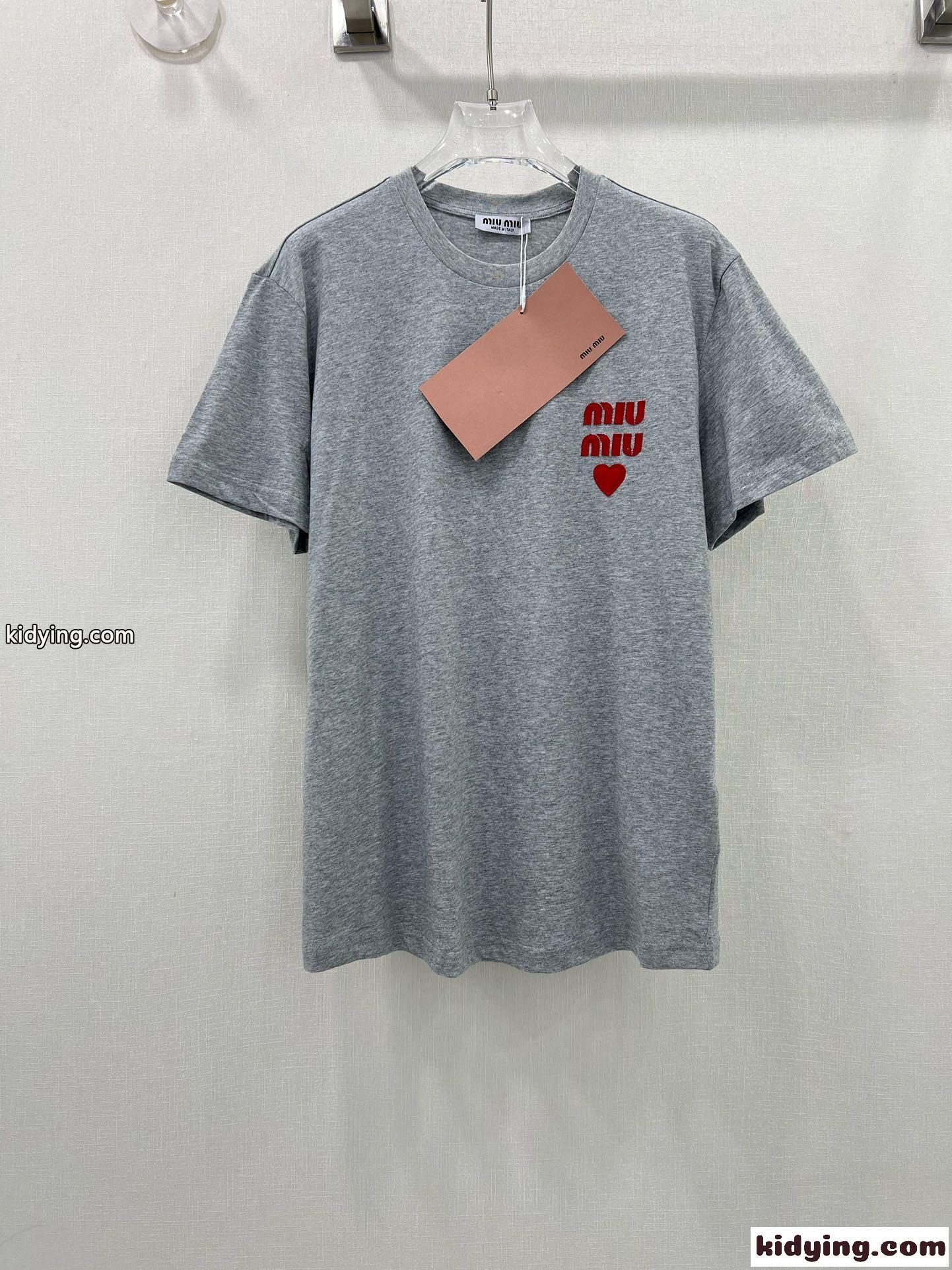 ベーシック ハート ロゴ コットン 半袖Tシャツ ミュウミュウ Tシャツ コピー グレー-2