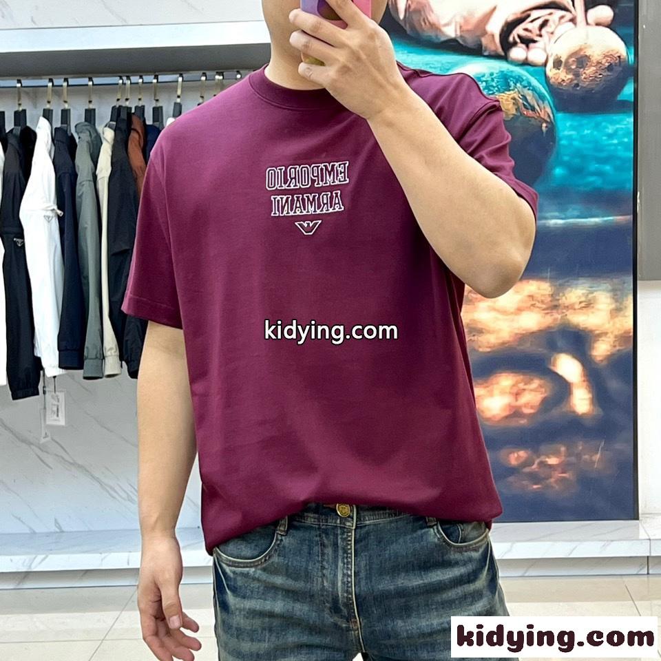 シンプル 刺繍入り アルマーニ Tシャツ コピー クルーネック レッド-1