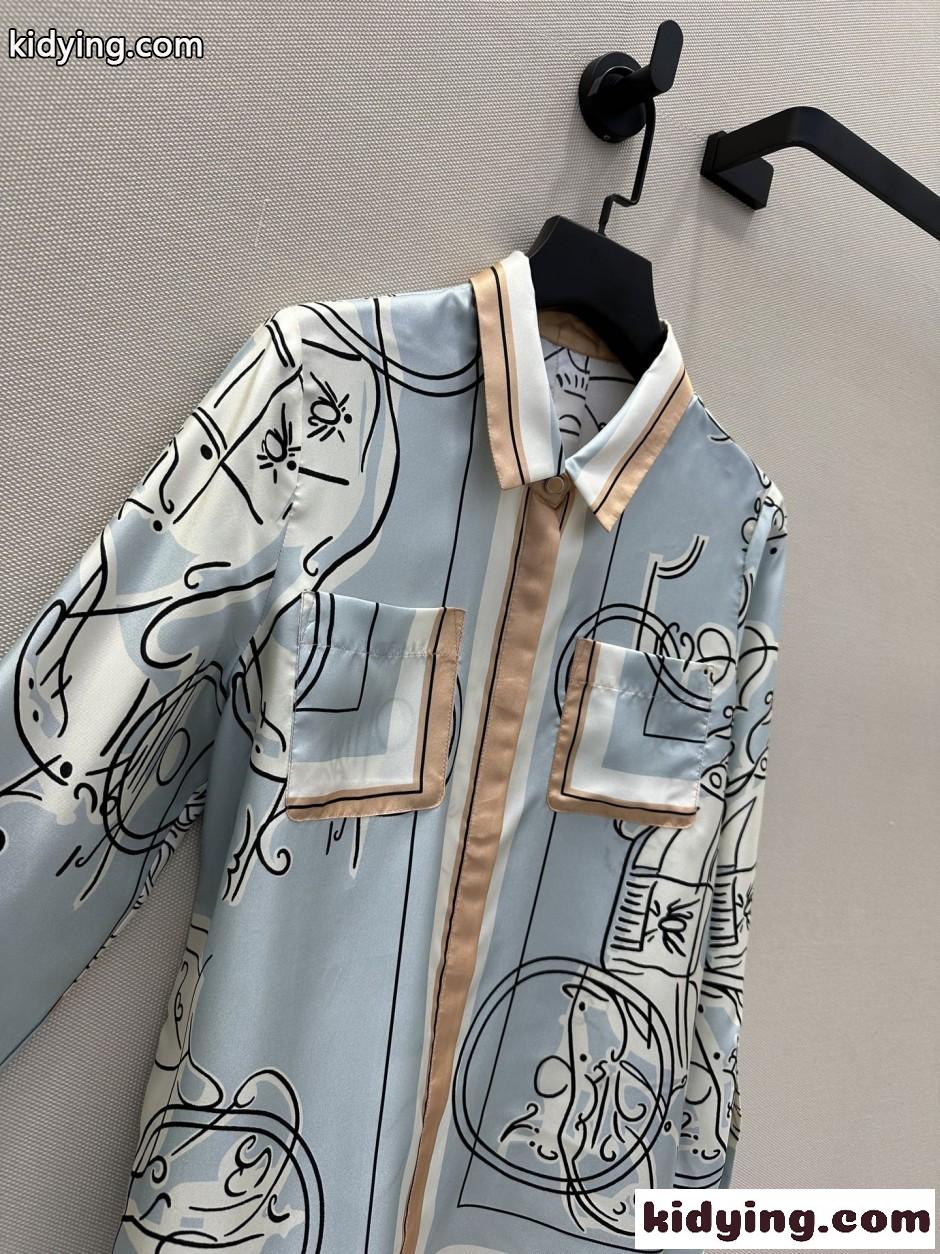 エレガント 上品 プリント シルクシャツ エルメス シャツ 偽物 ライトブルー-2