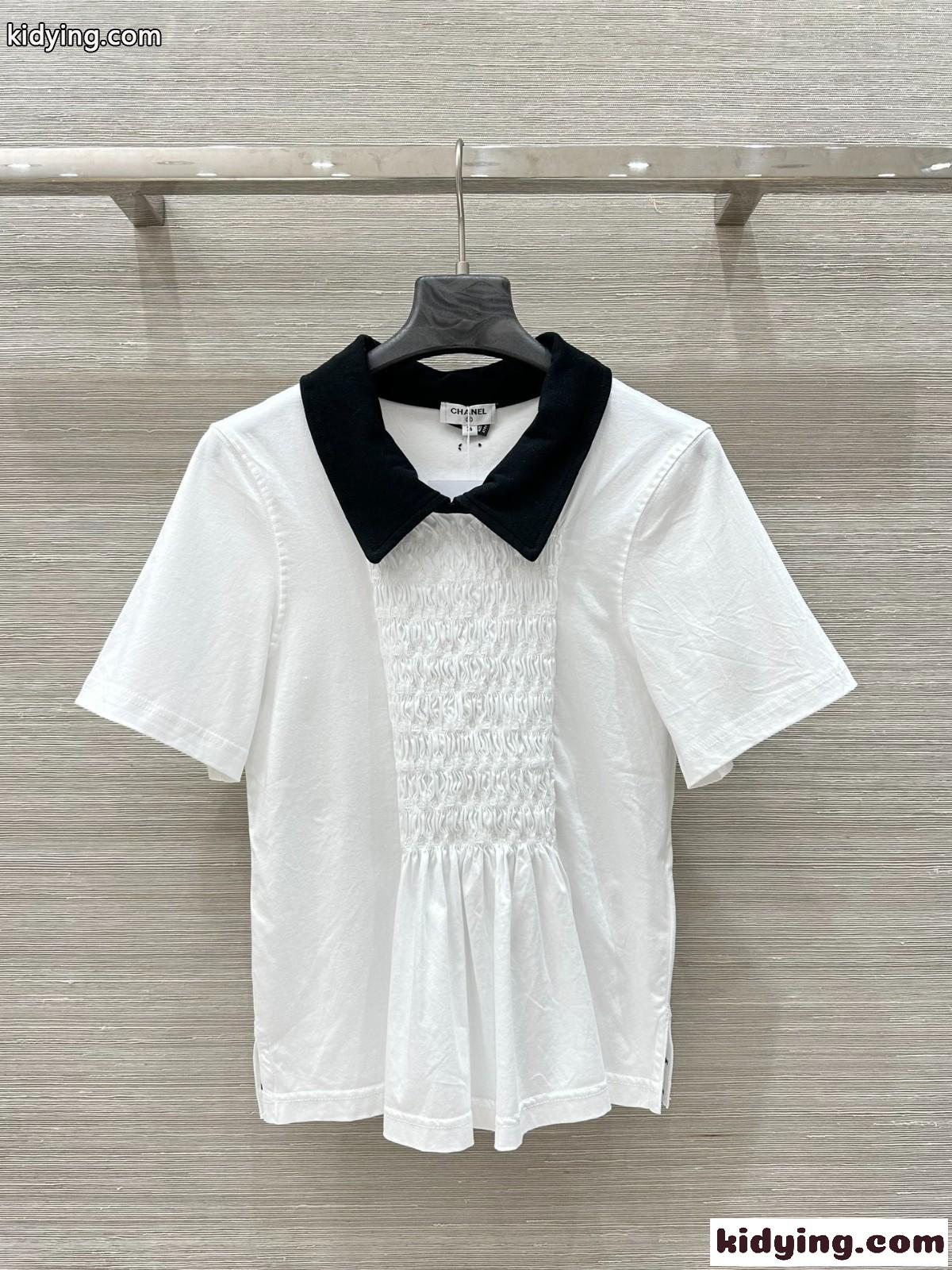 バイカラーの襟が上品♪可愛い シャネル Tシャツ コピー 半袖 トップス ホワイト-2