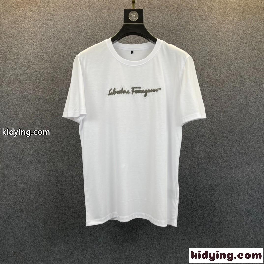 シンプル カジュアル 柔らかい 着心地いい クールネック サルヴァトーレ・フェラガモ 半袖tシャツ コピー ホワイト ブラック-3
