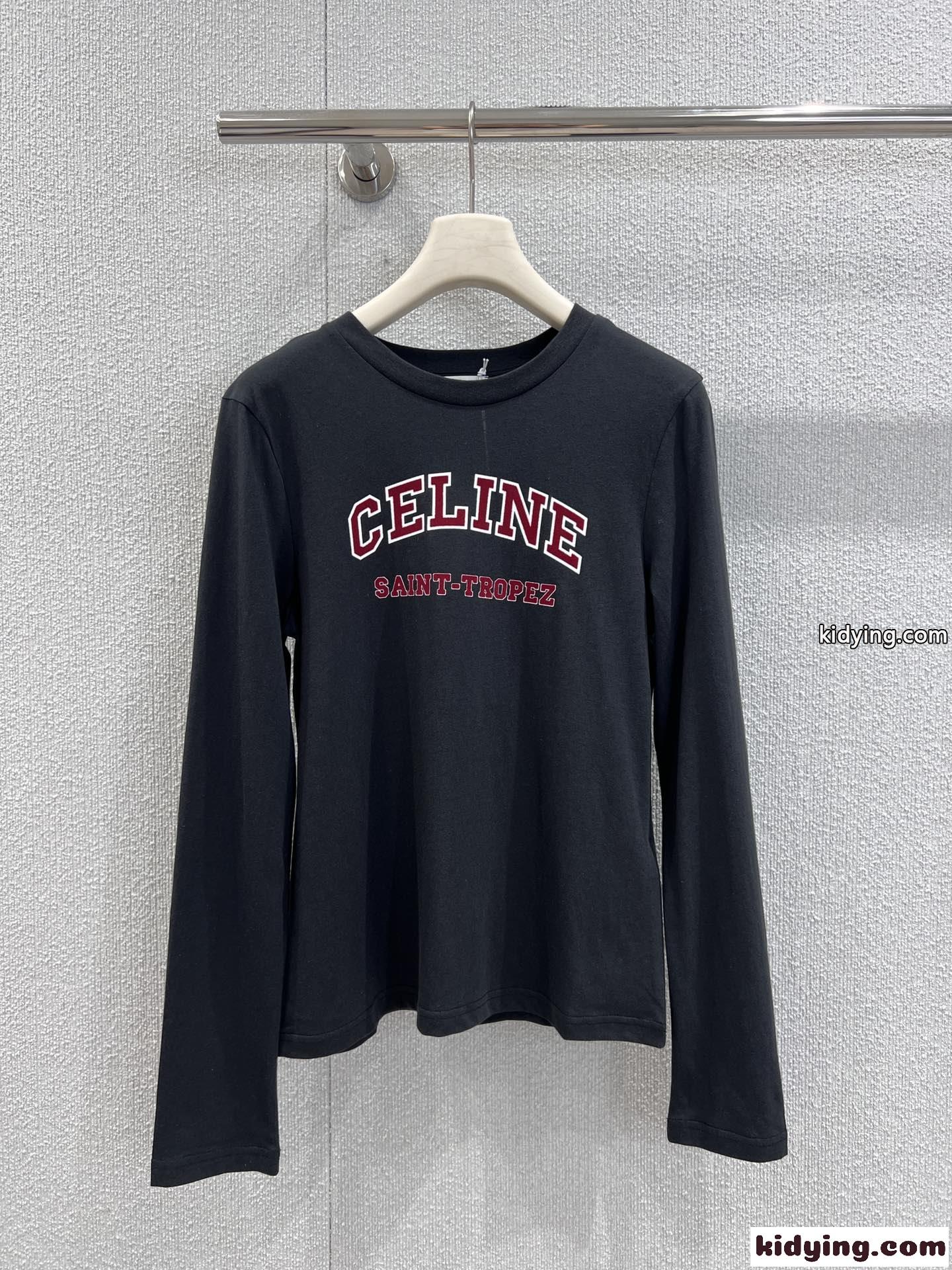 ベーシック カレッジロゴ 長袖Tシャツ セリーヌ Tシャツ 偽物 コットン ブラック-2