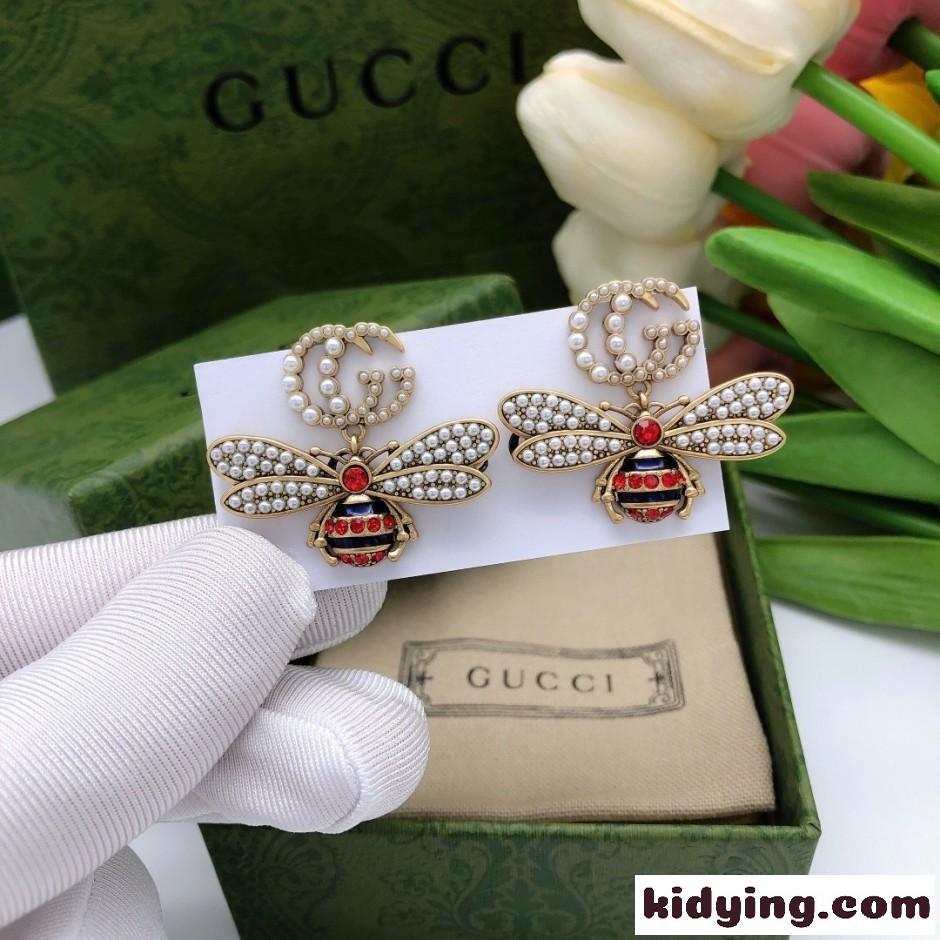GUCCI グッチ ダブルG & ビー ピアス 偽物 パール ラインストーン-3