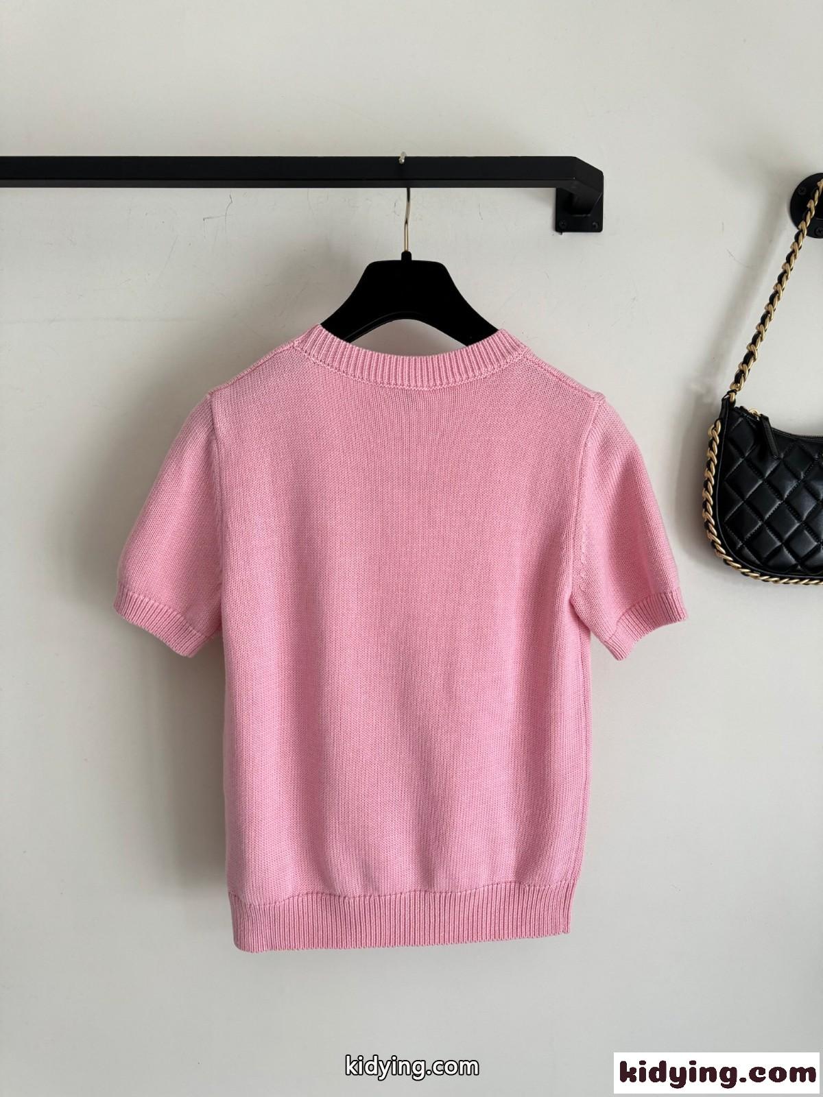 シンプル ロゴ クルーネック サマーニット シャネル ニットウェア コピー ピンク-1