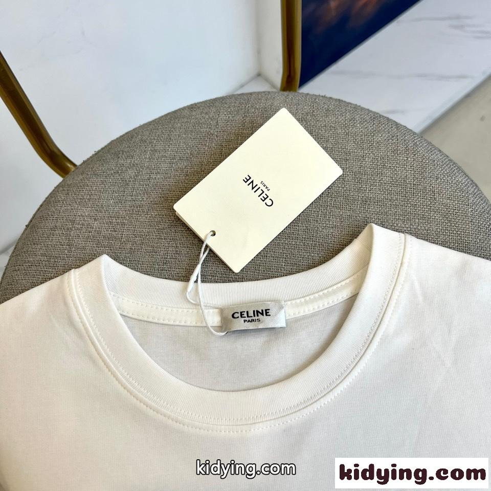 シンプル 上品 ロゴ入り クルーネック セリーヌ Tシャツ 偽物 コットン ホワイト-4