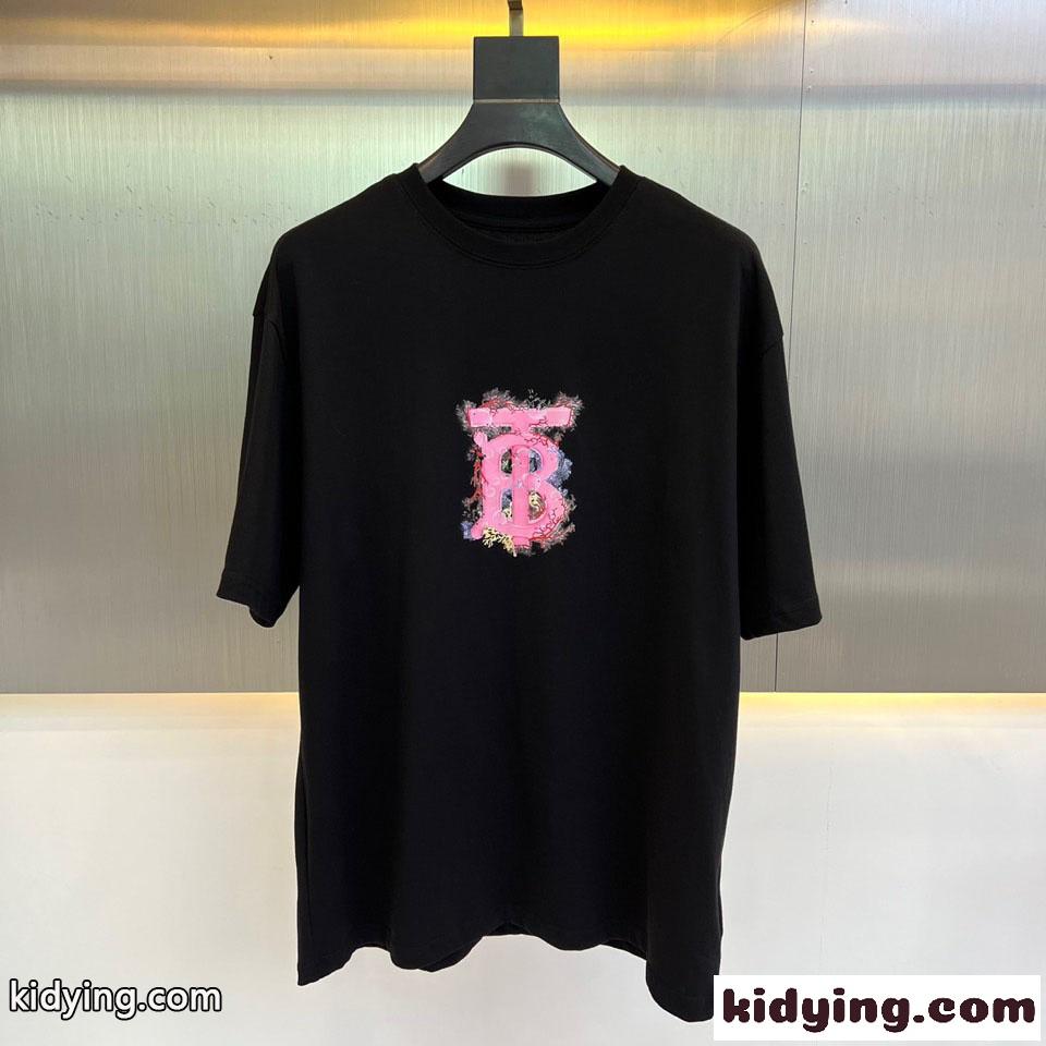 カジュアル ゆったり クルーネック ロゴ 半袖 バーバリー Tシャツ コピー ブラック-0