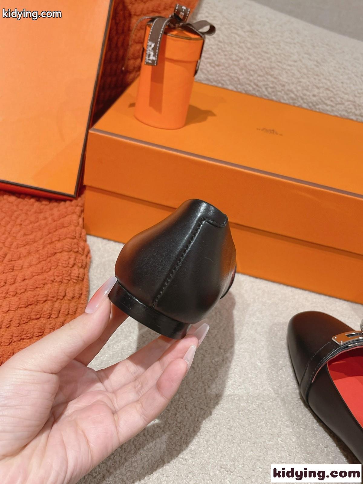 シンプル フラットバレエシューズ エルメス シューズ コピー ブラック-3