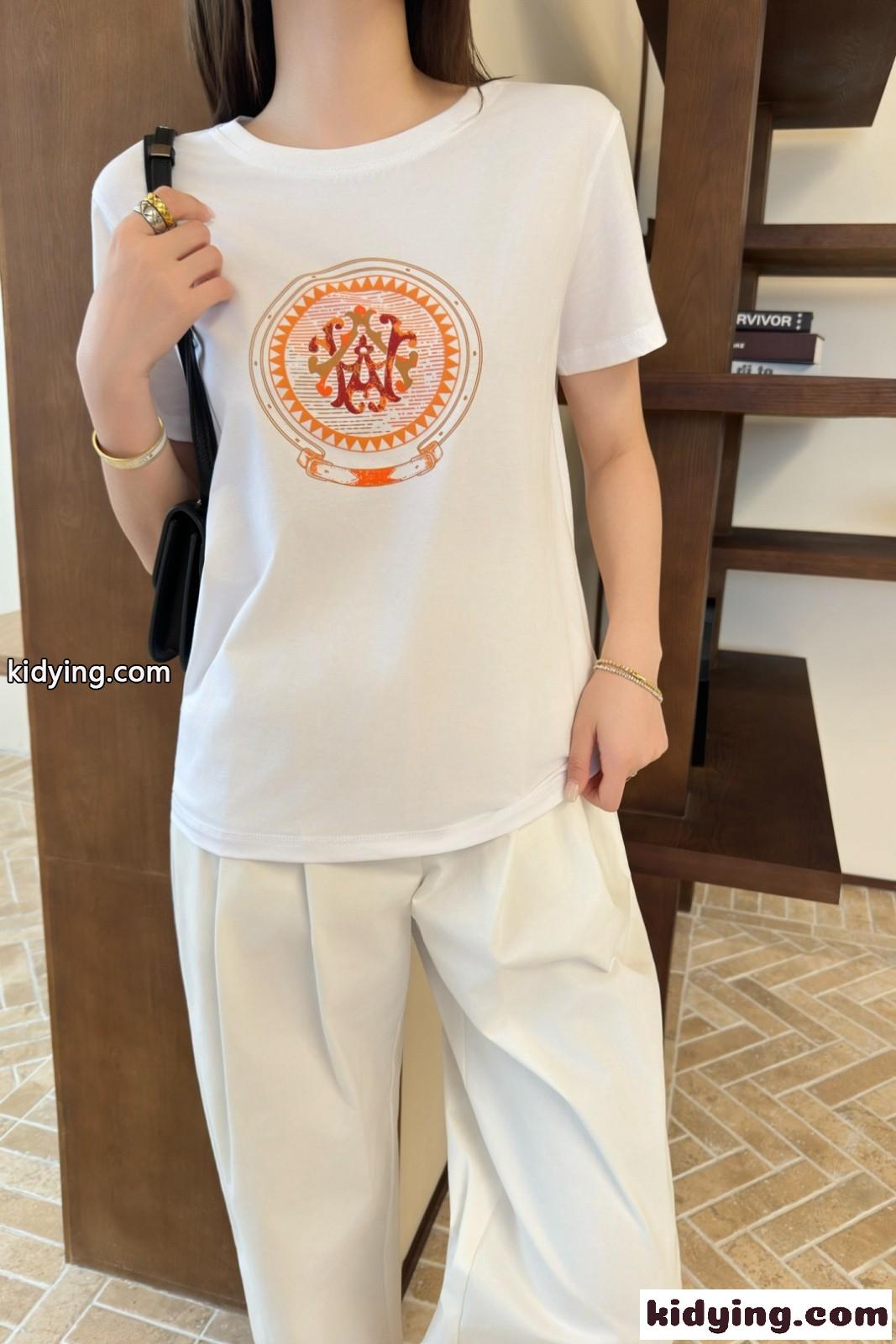 シンプル コットン 半袖 トップス エルメス Tシャツ コピー クルーネック ホワイト-4