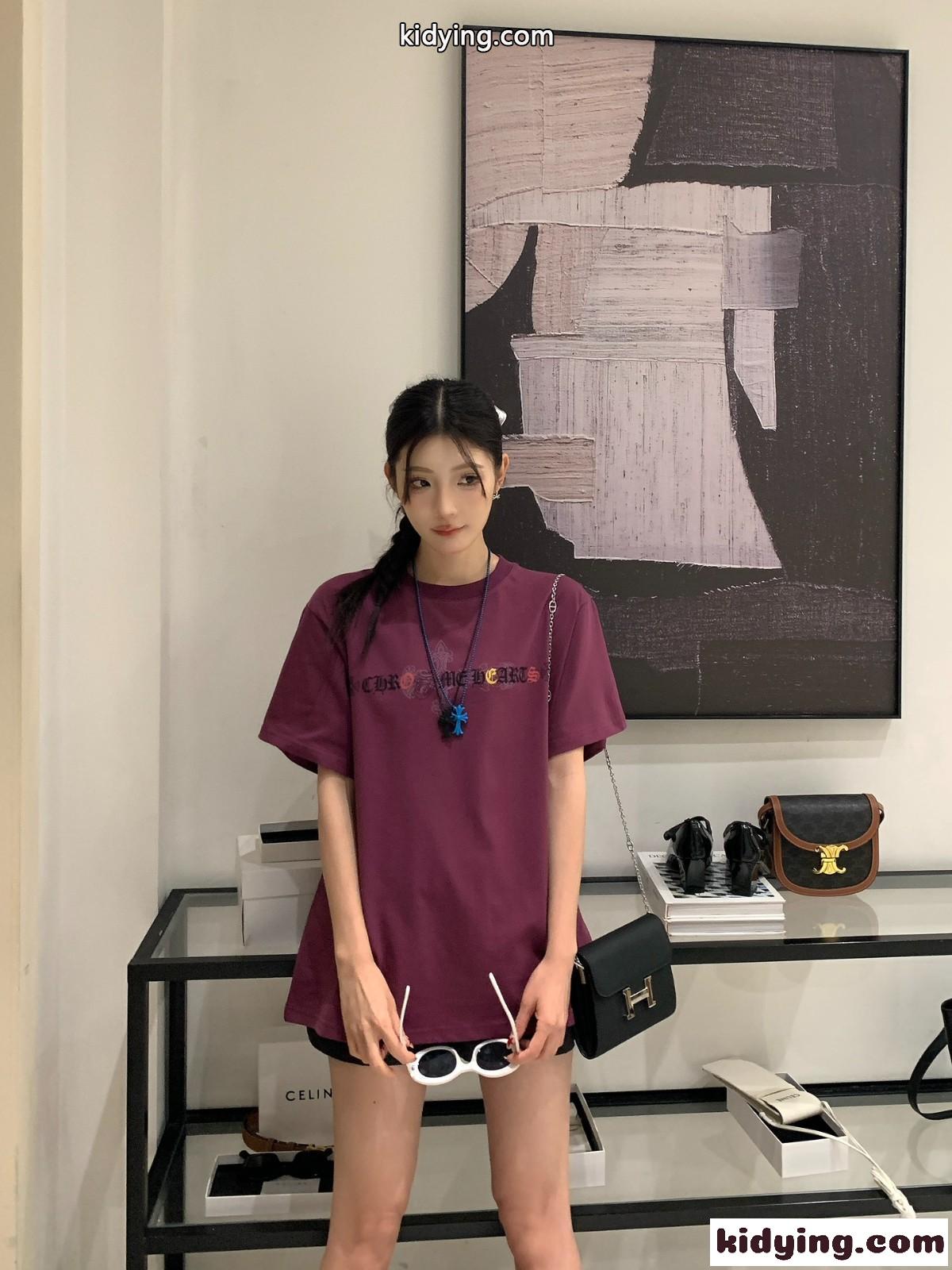 ユニセックス プリント 半袖Tシャツ クロムハーツ Tシャツ コピー コットン パープル-3